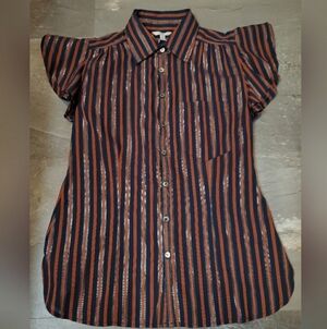 NWT Joie "Dyllis Dark Sapphire" short sleeves blouse. Blue, orange, metallic. S.